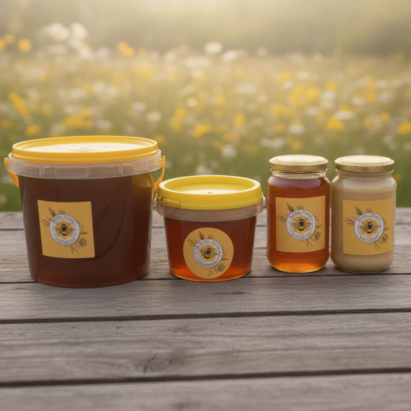 The full Barden Honey range — creamed and raw bush honey in 500g, 1kg and 3kg sizes